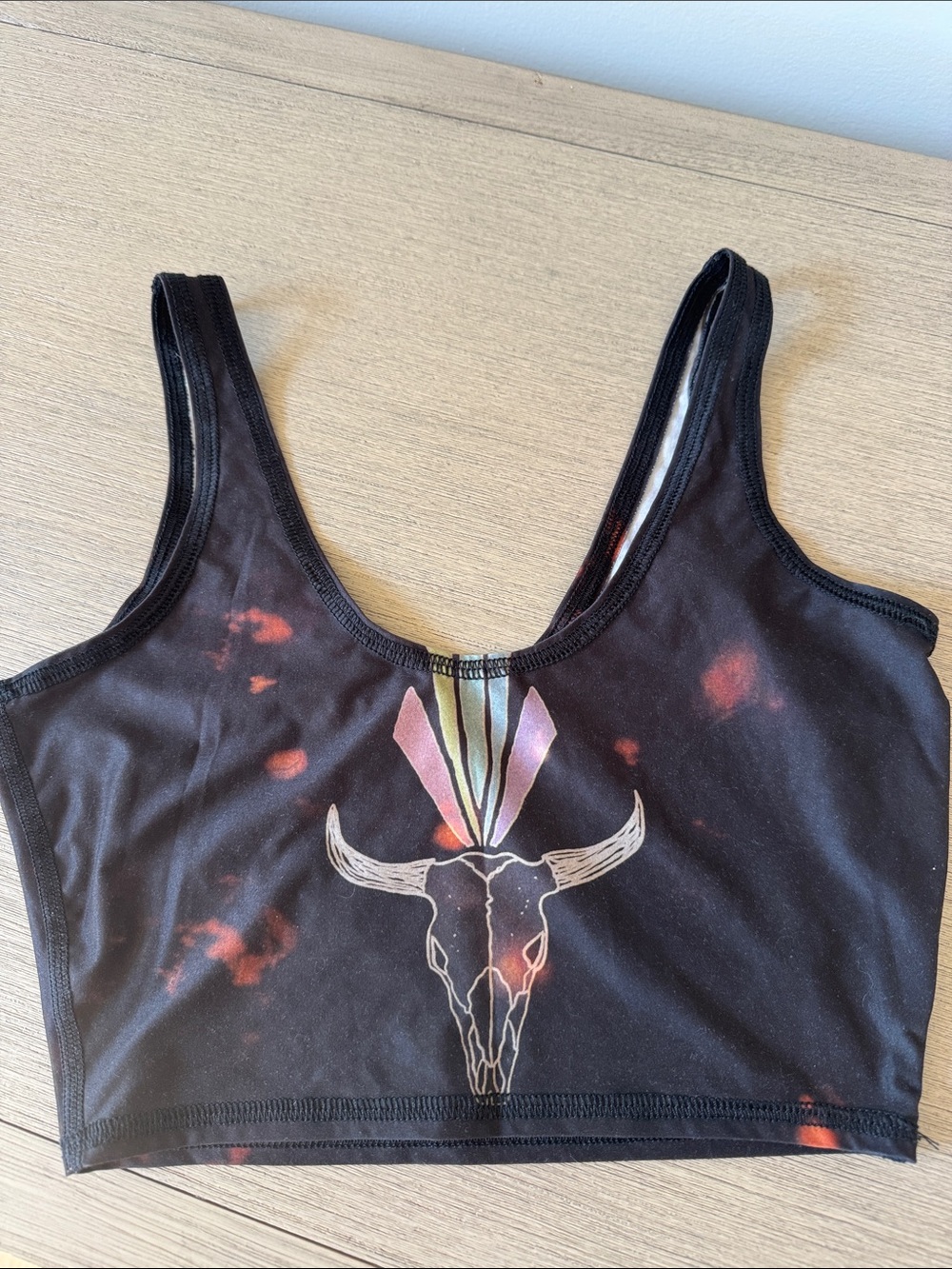Teeki Black Crop Tank with Buffalo Skull and Color Burst
